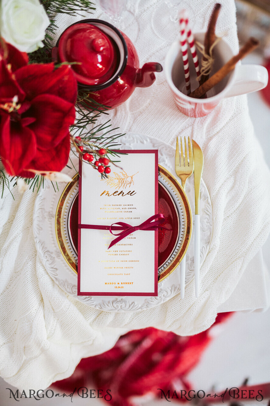MENU & PROGRAMS glitter/ luxury premium Luxury Christmas Wedding Menu, Glamour Golden Shine Menu, Elegant Pine Wedding Menu with Gold Foil and Red Ribbon, Minimalistic Winter Ivory And Burgundy Menu