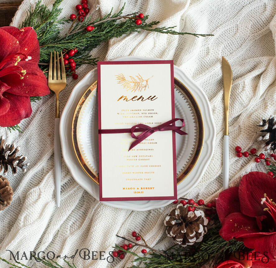 MENU & PROGRAMS glitter/ luxury premium Luxury Christmas Wedding Menu, Glamour Golden Shine Menu, Elegant Pine Wedding Menu with Gold Foil and Red Ribbon, Minimalistic Winter Ivory And Burgundy Menu