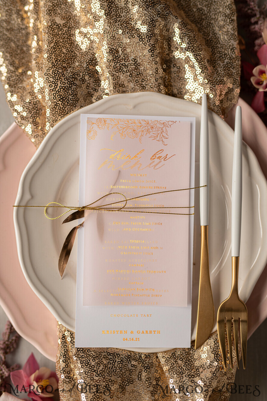 MENU & PROGRAMS glitter/ luxury premium Glamour Golden Shine Wedding Menu, Romantic Blush Pink Wedding Menu With Golden Twine, Luxury Gold Foil Wedding Menu Cards, Elegant Floral White Dinner Menu