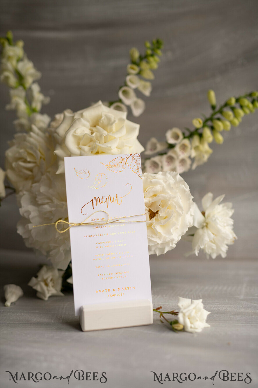 MENU & PROGRAMS glitter/ luxury premium Glamour White Wedding Menu With Gold Foil, Elegant Minimalistic Gold Foil Wedding Menu Cards, Simple Modern Dinner Menu With Twine, Golden Shine Wedding Menu