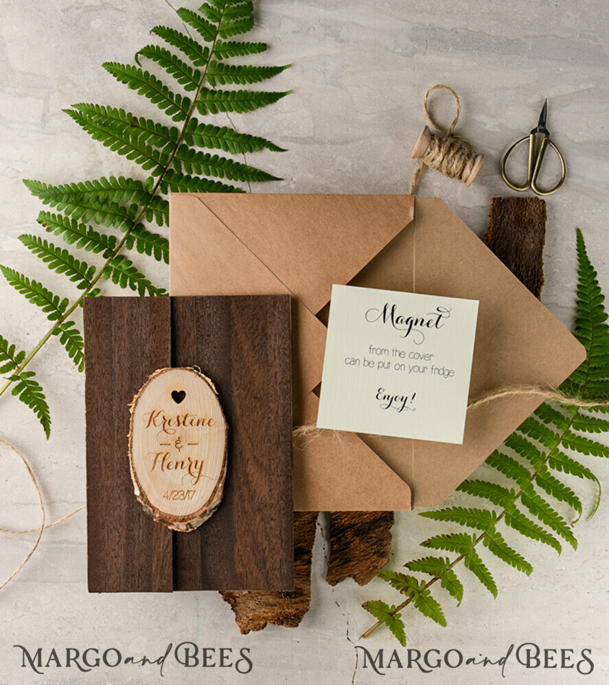 Custom wedding invitation, wooden magnet invites