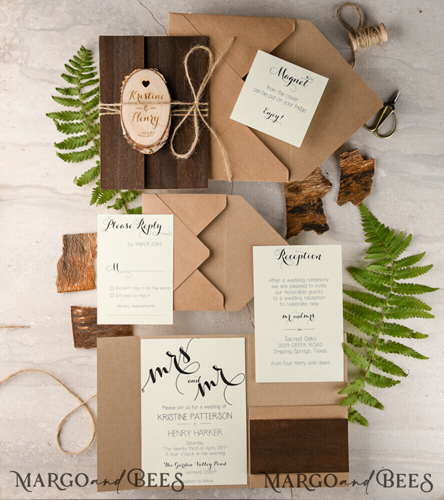 Custom wedding invitation, wooden magnet invites