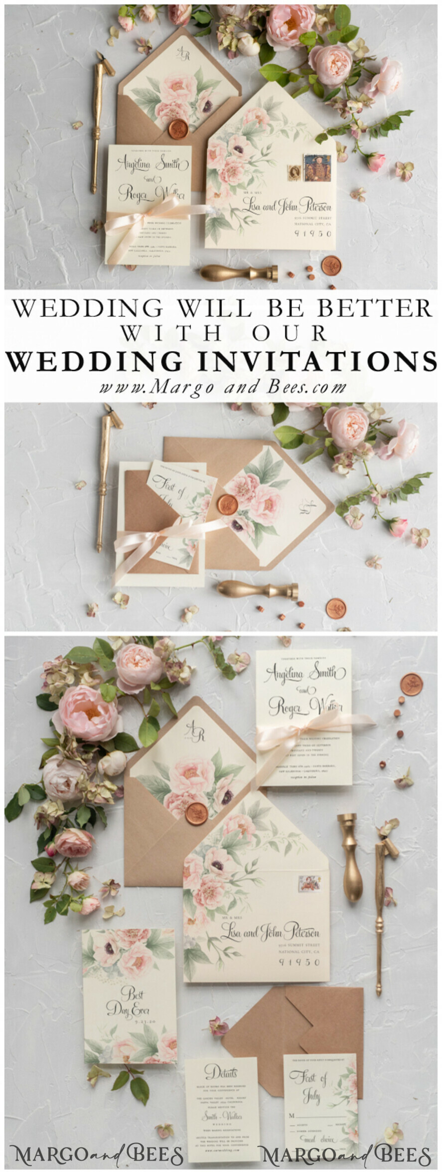 WEDDING INVITATIONS Modern Invites Floral Cards Geometric Wedding invitations Boho Invites Soft Peach Bow with Vellum or Craft Envelope