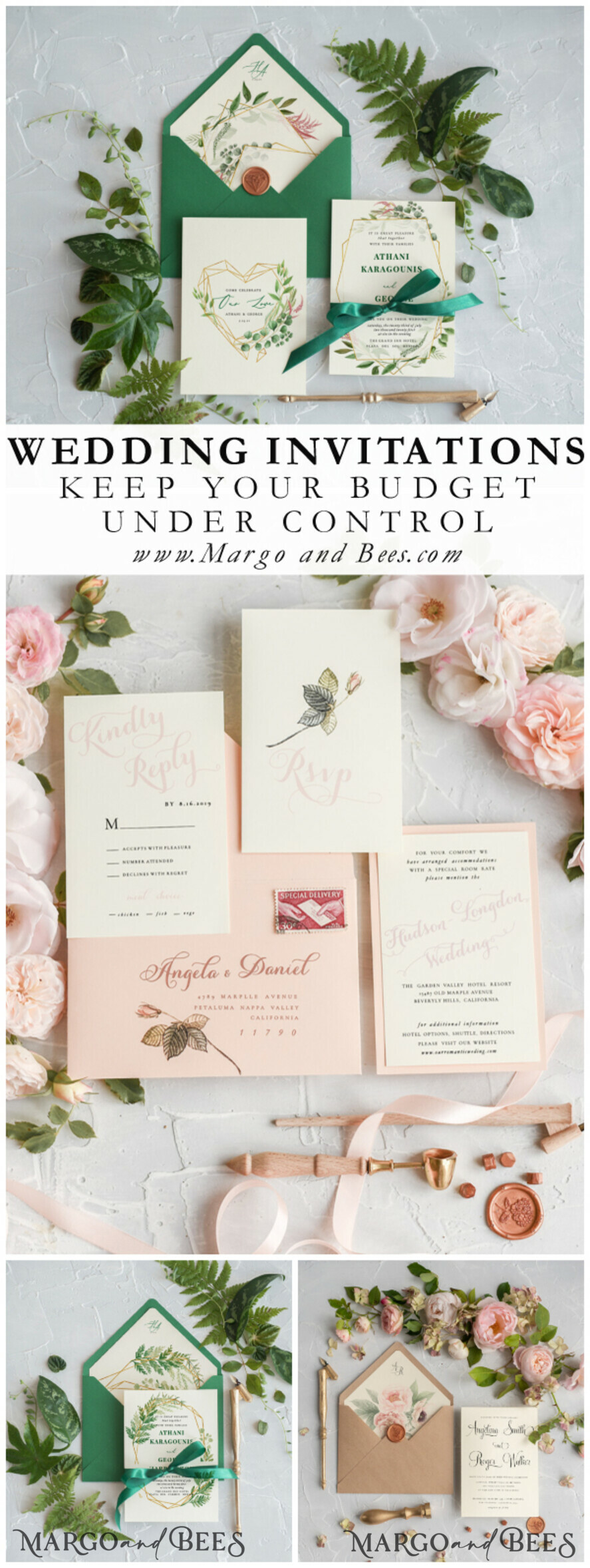 WEDDING INVITATIONS Modern Invites Floral Cards Geometric Wedding invitations Boho Invites Soft Peach Bow with Vellum or Craft Envelope