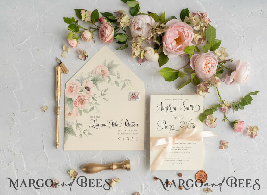 WEDDING INVITATIONS Modern Invites Floral Cards Geometric Wedding invitations Boho Invites Soft Peach Bow with Vellum or Craft Envelope