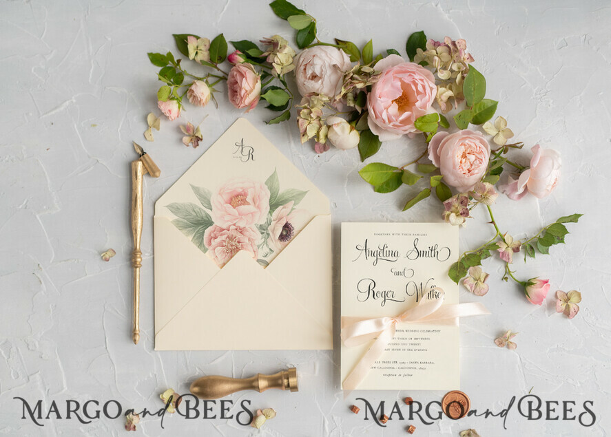 WEDDING INVITATIONS Modern Invites Floral Cards Geometric Wedding invitations Boho Invites Soft Peach Bow with Vellum or Craft Envelope