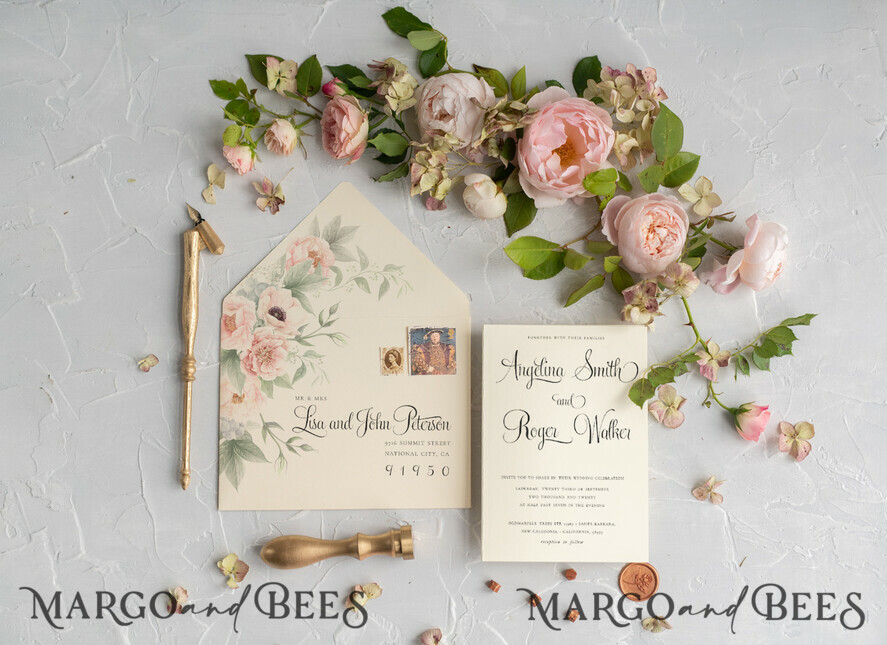 WEDDING INVITATIONS Modern Invites Floral Cards Geometric Wedding invitations Boho Invites Soft Peach Bow with Vellum or Craft Envelope