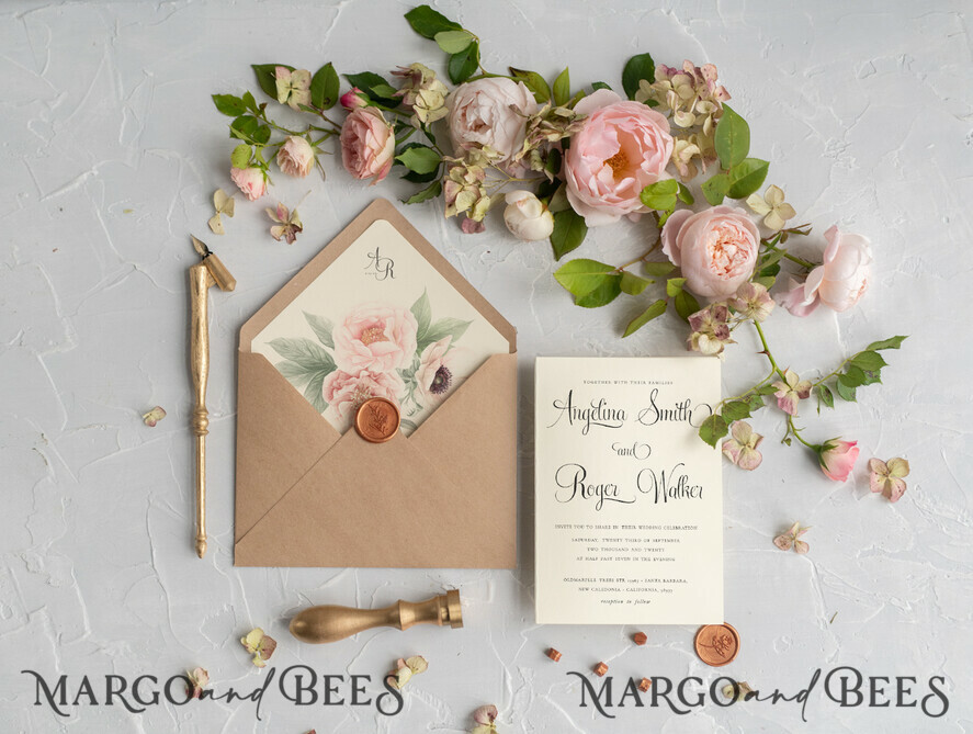 WEDDING INVITATIONS Modern Invites Floral Cards Geometric Wedding invitations Boho Invites Soft Peach Bow with Vellum or Craft Envelope
