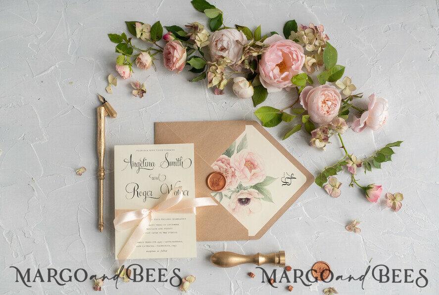 WEDDING INVITATIONS Modern Invites Floral Cards Geometric Wedding invitations Boho Invites Soft Peach Bow with Vellum or Craft Envelope