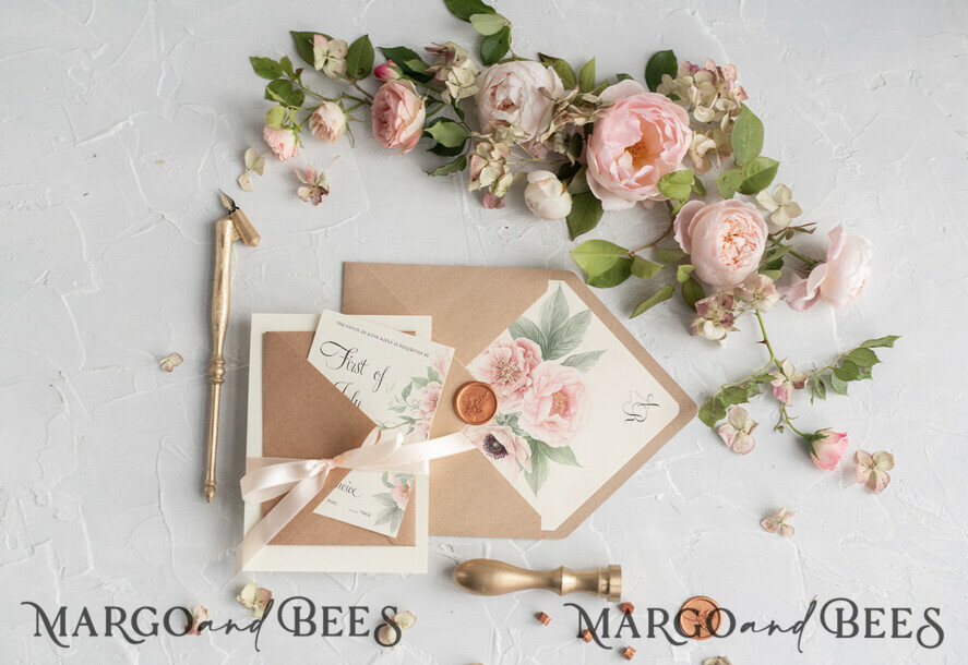 WEDDING INVITATIONS Modern Invites Floral Cards Geometric Wedding invitations Boho Invites Soft Peach Bow with Vellum or Craft Envelope