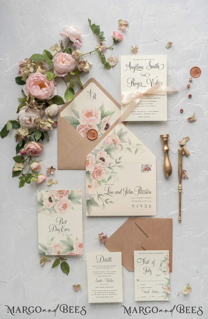 WEDDING INVITATIONS Modern Invites Floral Cards Geometric Wedding invitations Boho Invites Soft Peach Bow with Vellum or Craft Envelope