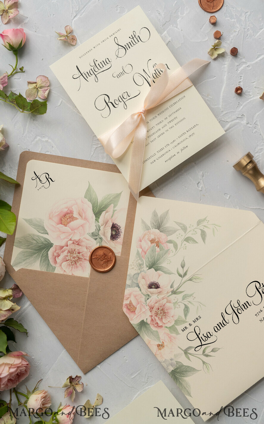 WEDDING INVITATIONS Modern Invites Floral Cards Geometric Wedding invitations Boho Invites Soft Peach Bow with Vellum or Craft Envelope