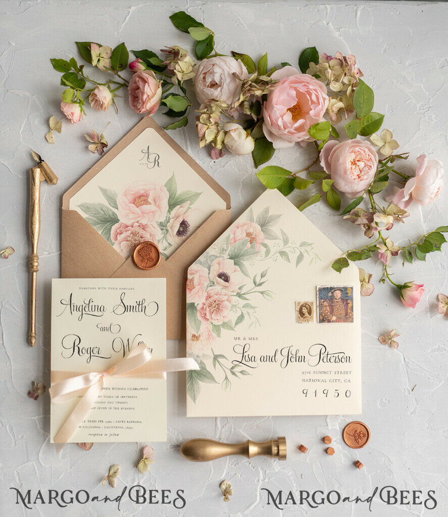 WEDDING INVITATIONS Modern Invites Floral Cards Geometric Wedding invitations Boho Invites Soft Peach Bow with Vellum or Craft Envelope