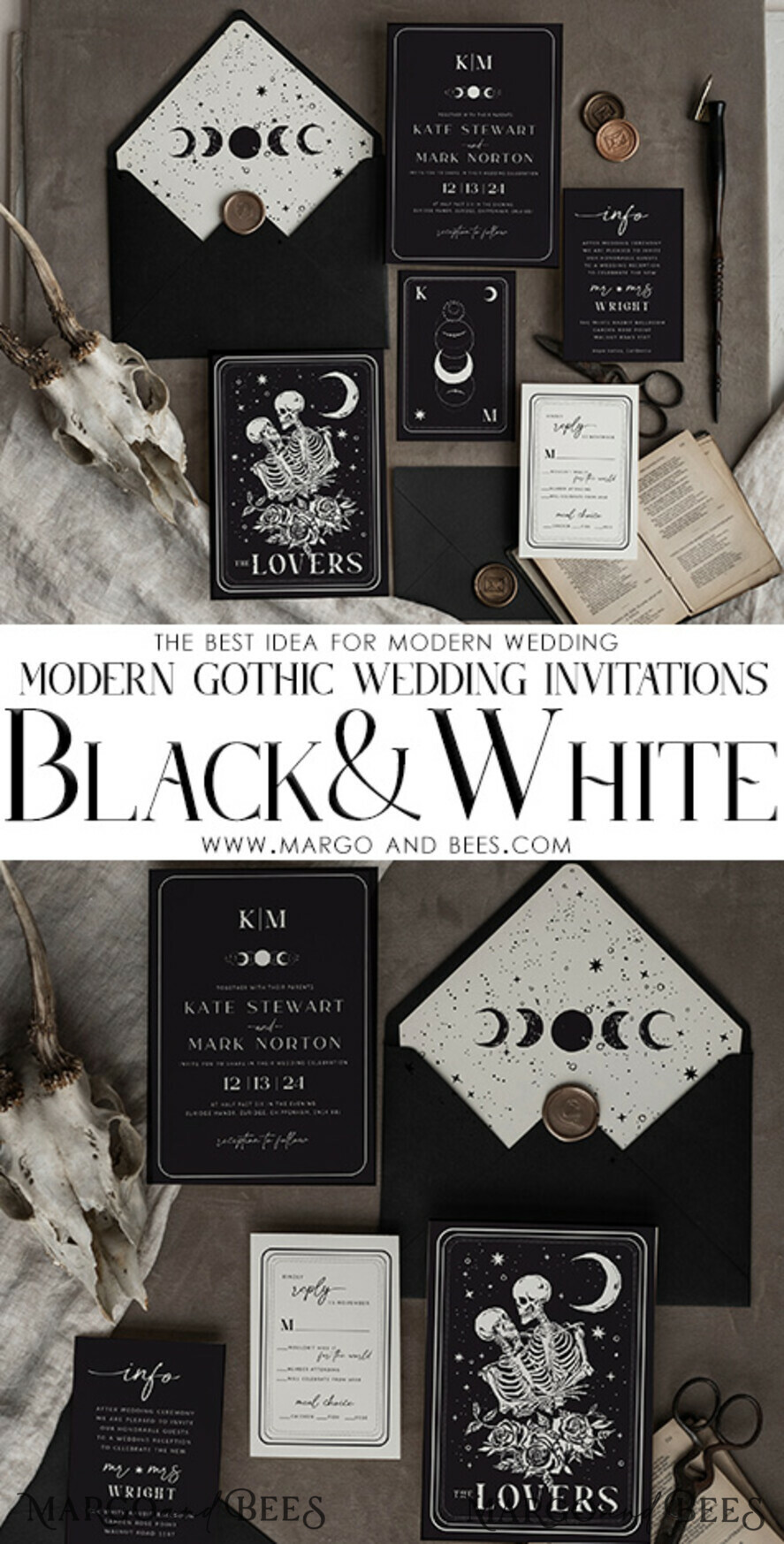 WEDDING INVITATIONS Modern Invites Floral Cards Halloween Wedding Invitations Suite, Black Invitations, Tarot Cards Invites, Gothic Wedding Invitation Cards, The Lovers Skeleton Wedding Set black
