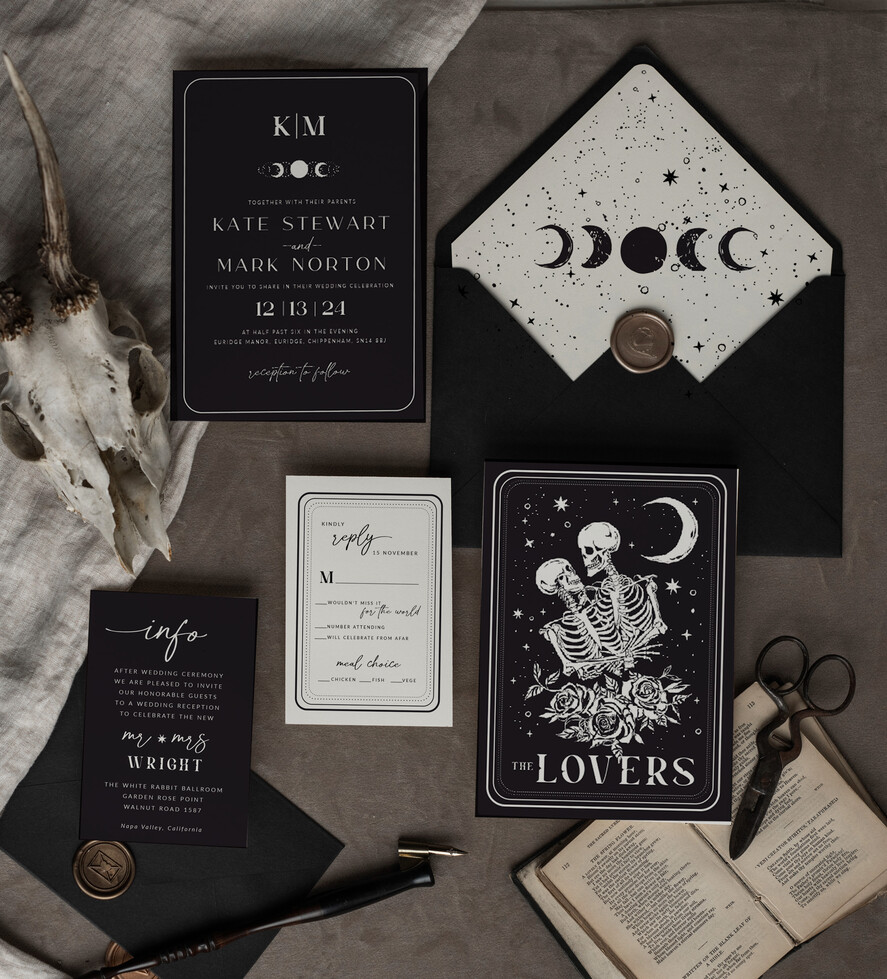 WEDDING INVITATIONS Modern Invites Floral Cards Halloween Wedding Invitations Suite, Black Invitations, Tarot Cards Invites, Gothic Wedding Invitation Cards, The Lovers Skeleton Wedding Set black