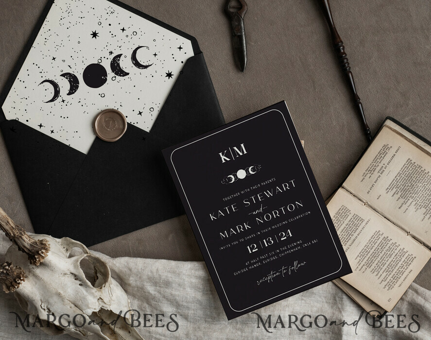 WEDDING INVITATIONS Modern Invites Floral Cards Halloween Wedding Invitations Suite, Black Invitations, Tarot Cards Invites, Gothic Wedding Invitation Cards, The Lovers Skeleton Wedding Set black
