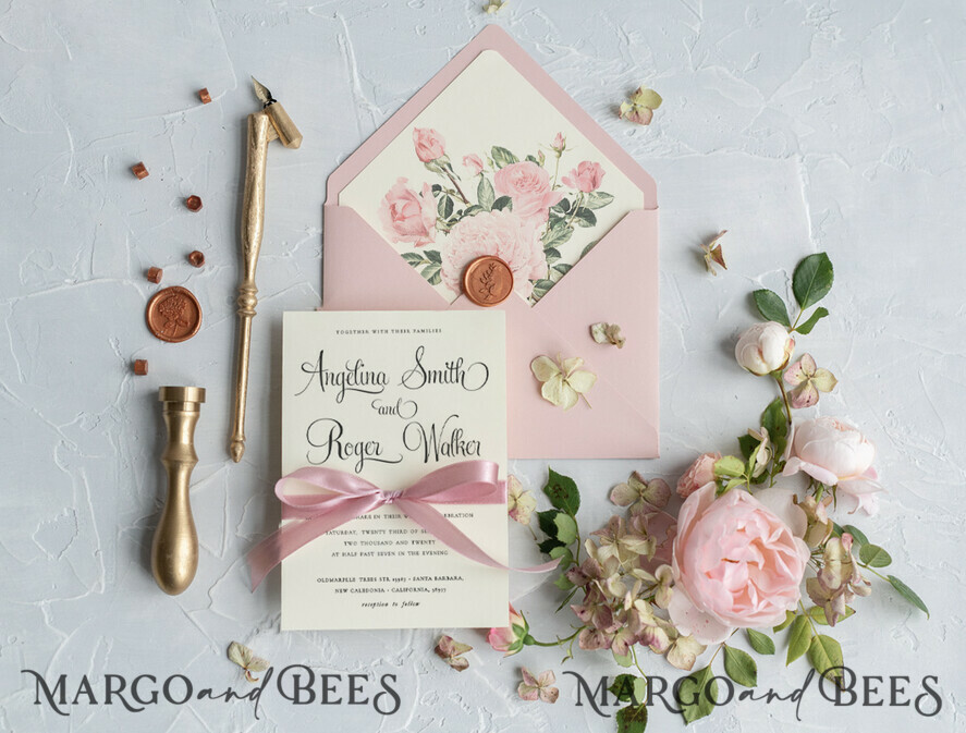 WEDDING INVITATIONS Modern Invites Floral Cards Blush pink wedding invitations, blush pink wedding cards, blush pink wedding stationery, blush pink wedding accessories, ecru wedding invitations, ecru wedding accessories, peony wedding invitations, peony wedding cards, peony wedding accessories, pink ribbon, wedding invitations with bow, elegant wedding invitations, spring flowers, spring wedding invitations, vintage flower illustration, floral wedding invitations, floral wedding, boho wedding invitations