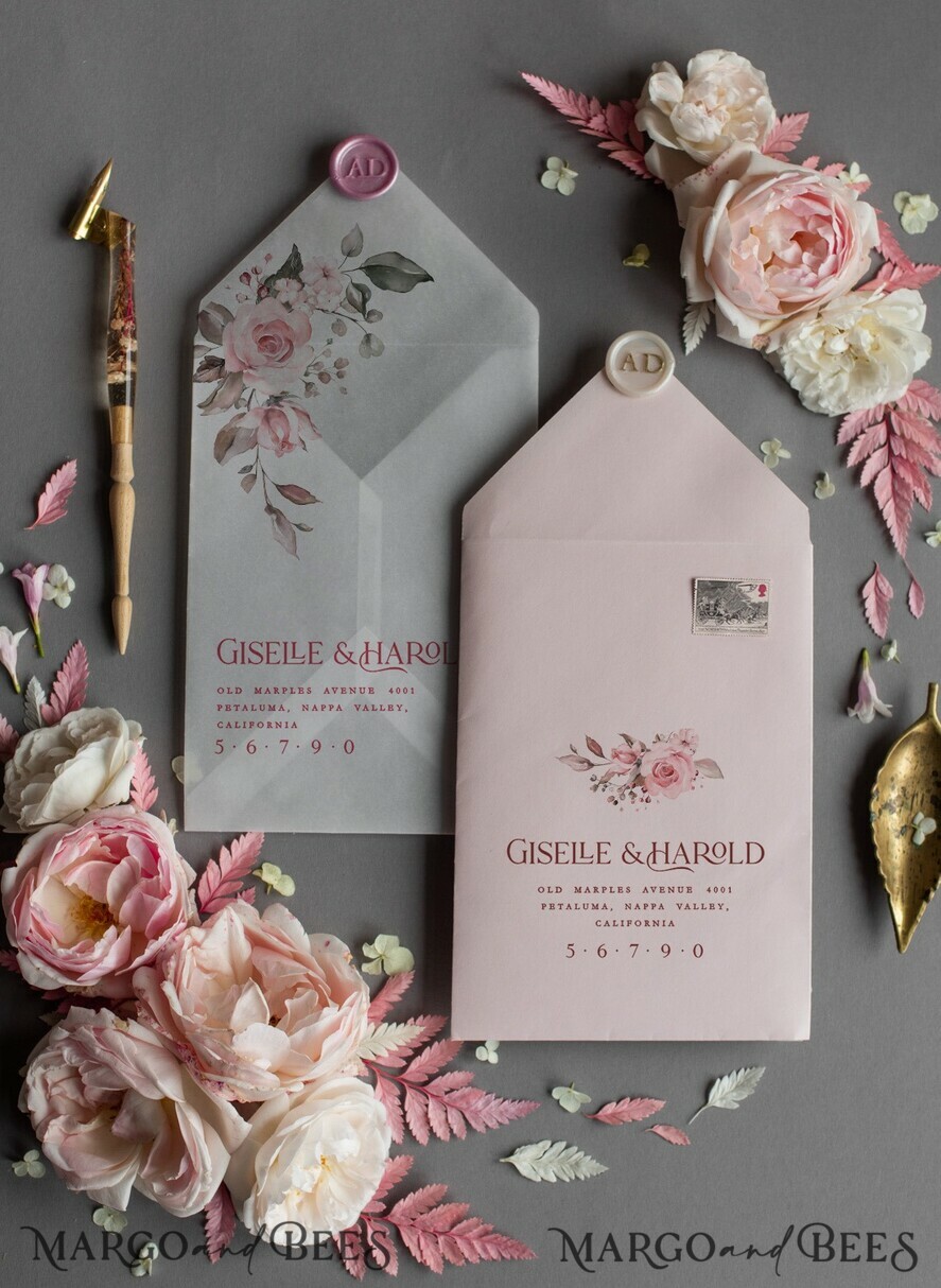 WEDDING INVITATIONS Modern Invites Floral Cards Elegant Blush Pink Wedding Invitations, Glamour Arabic Pocket Wedding Invites, Modern Floral Wedding Cards, Minimalistic Wedding Invitation Suite