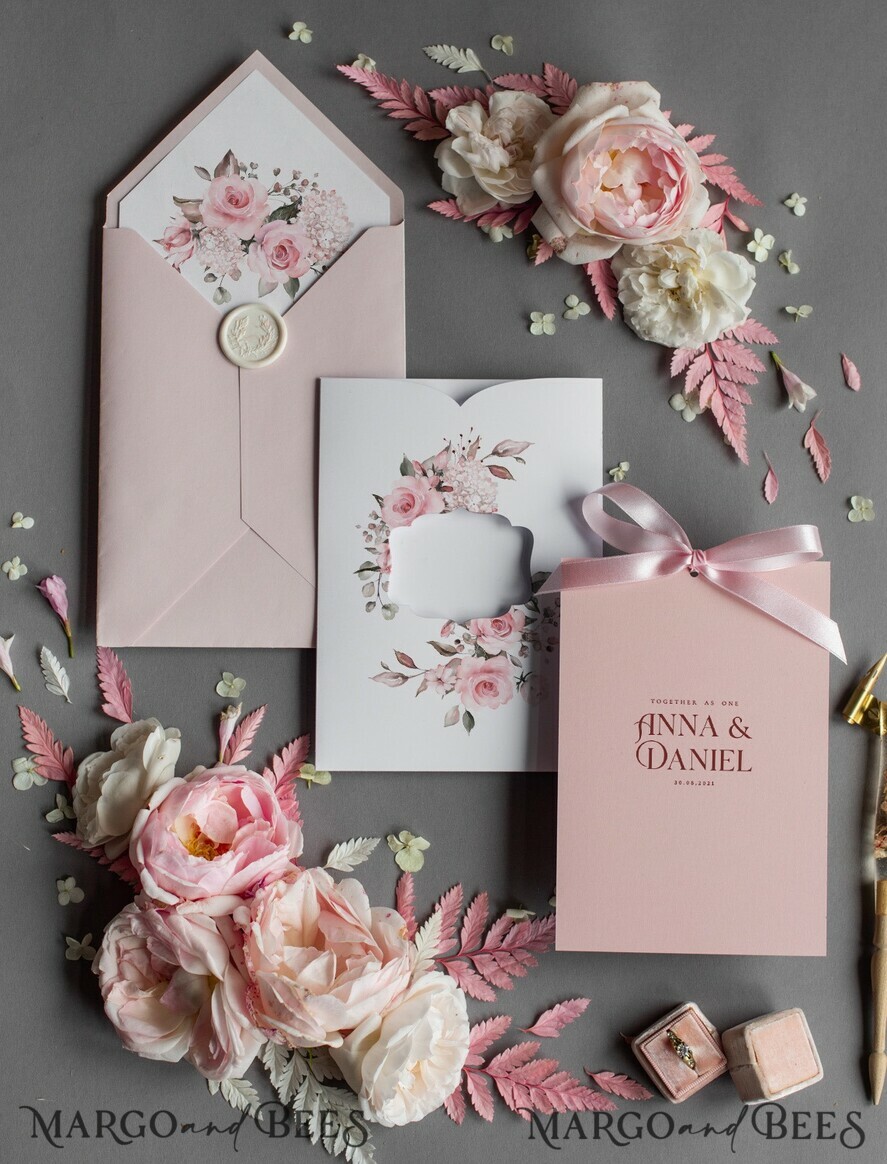 WEDDING INVITATIONS Modern Invites Floral Cards Elegant Blush Pink Wedding Invitations, Glamour Arabic Pocket Wedding Invites, Modern Floral Wedding Cards, Minimalistic Wedding Invitation Suite