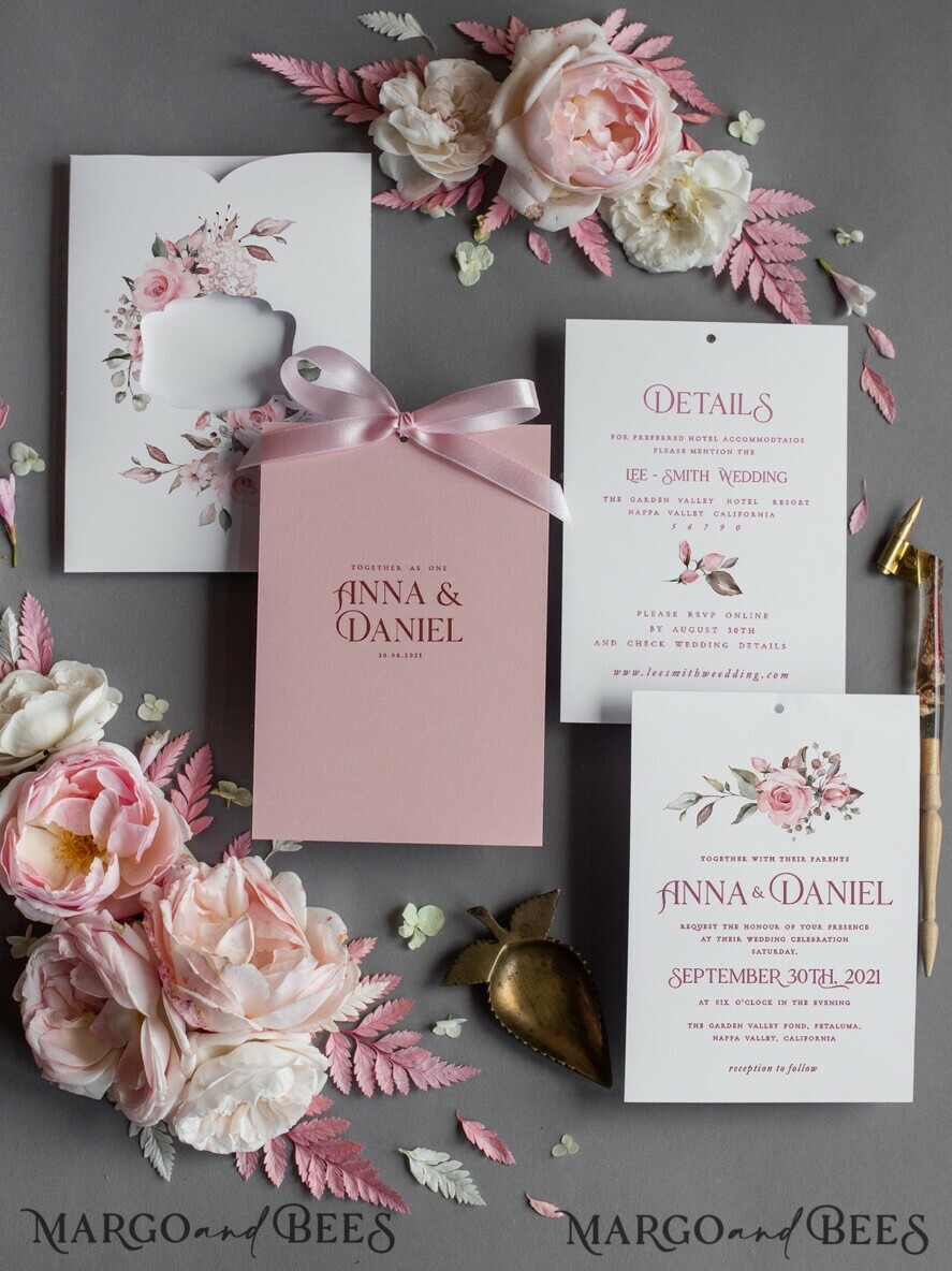 WEDDING INVITATIONS Modern Invites Floral Cards Elegant Blush Pink Wedding Invitations, Glamour Arabic Pocket Wedding Invites, Modern Floral Wedding Cards, Minimalistic Wedding Invitation Suite