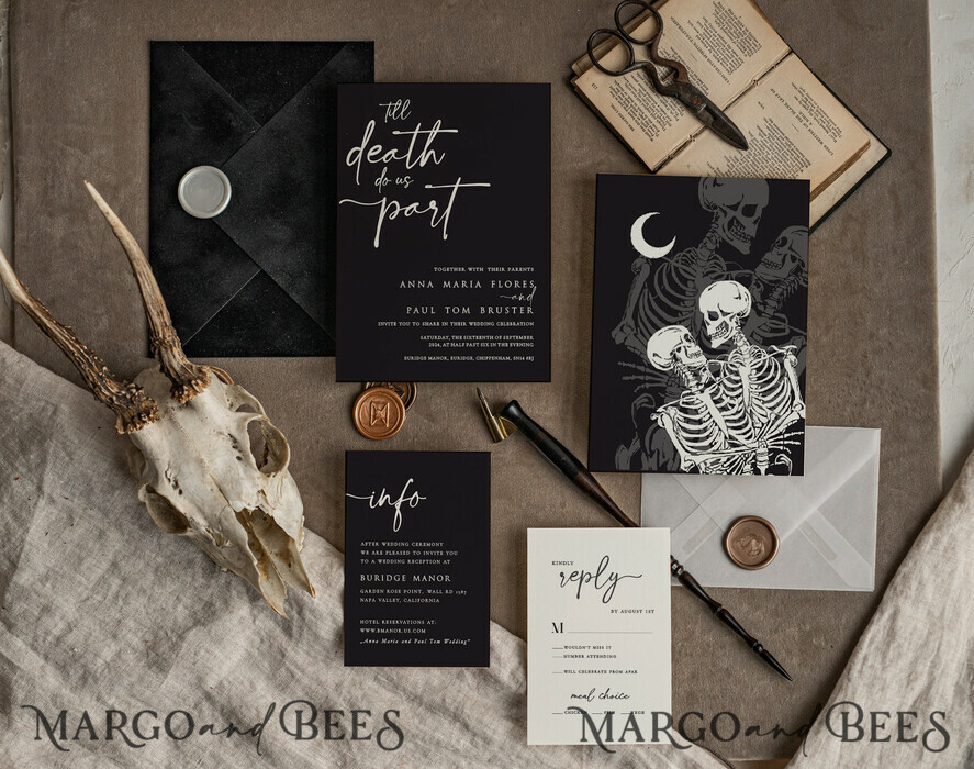 WEDDING INVITATIONS Modern Invites Floral Cards Halloween Wedding Invitations Suite, Black Invitations, Tarot Cards Invites, Gothic Wedding Invitation Cards, The Lovers Skeleton Wedding Set black