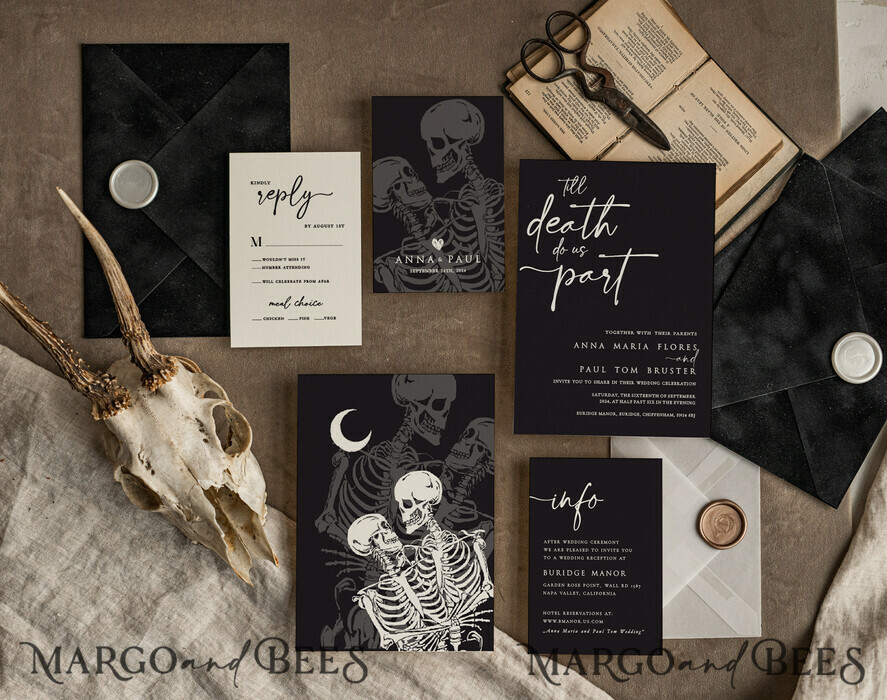 WEDDING INVITATIONS Modern Invites Floral Cards Halloween Wedding Invitations Suite, Black Invitations, Tarot Cards Invites, Gothic Wedding Invitation Cards, The Lovers Skeleton Wedding Set black