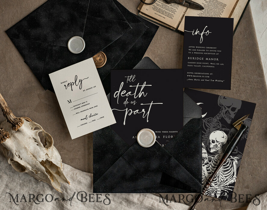 WEDDING INVITATIONS Modern Invites Floral Cards Halloween Wedding Invitations Suite, Black Invitations, Tarot Cards Invites, Gothic Wedding Invitation Cards, The Lovers Skeleton Wedding Set black