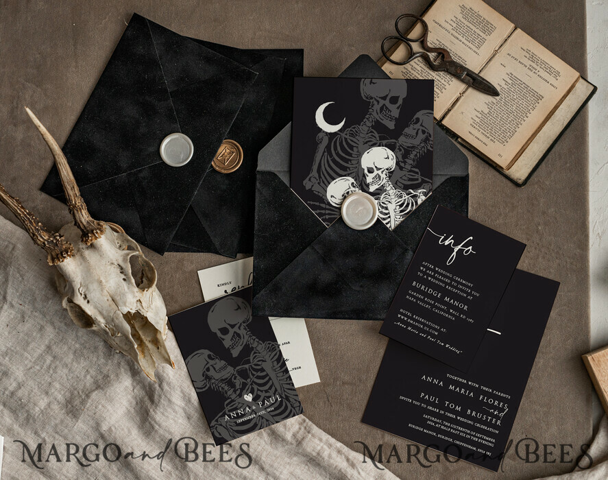 WEDDING INVITATIONS Modern Invites Floral Cards Halloween Wedding Invitations Suite, Black Invitations, Tarot Cards Invites, Gothic Wedding Invitation Cards, The Lovers Skeleton Wedding Set black