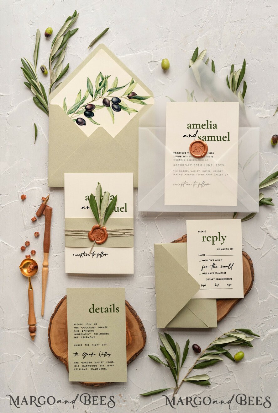 WEDDING INVITATIONS Modern Invites Floral Cards Handmade wedding invitation, Olives Tuscany Wedding invitations, Greek Travel Wedding Stationery, Natural Olives Luxury wedding Invites