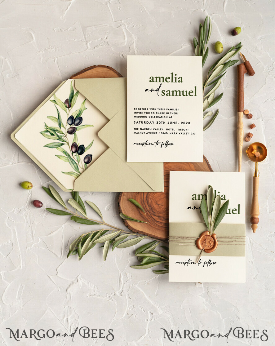 WEDDING INVITATIONS Modern Invites Floral Cards Handmade wedding invitation, Olives Tuscany Wedding invitations, Greek Travel Wedding Stationery, Natural Olives Luxury wedding Invites