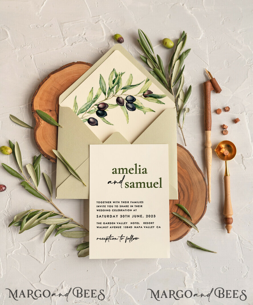 WEDDING INVITATIONS Modern Invites Floral Cards Handmade wedding invitation, Olives Tuscany Wedding invitations, Greek Travel Wedding Stationery, Natural Olives Luxury wedding Invites