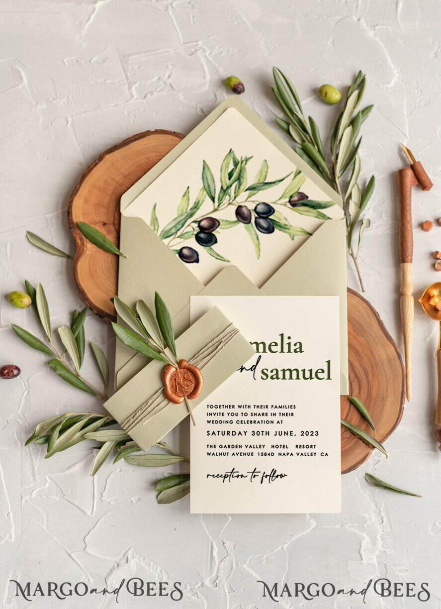 WEDDING INVITATIONS Modern Invites Floral Cards Handmade wedding invitation, Olives Tuscany Wedding invitations, Greek Travel Wedding Stationery, Natural Olives Luxury wedding Invites