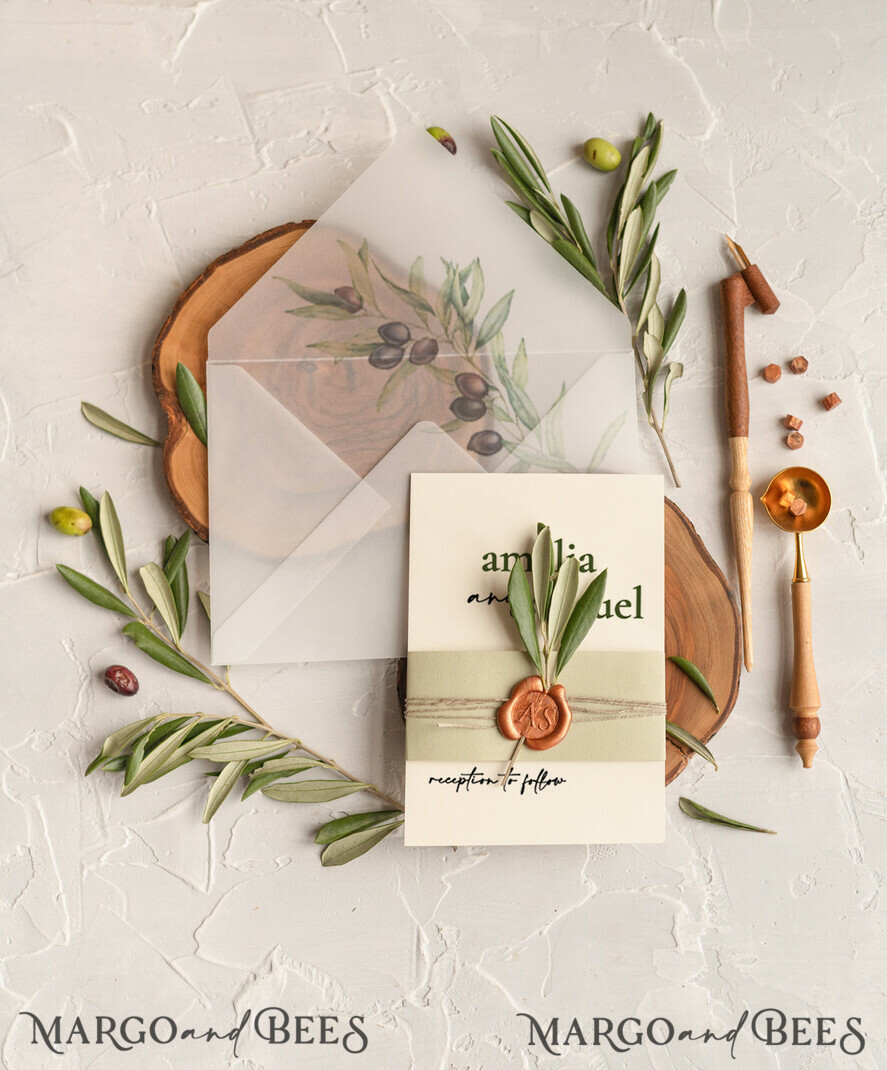 WEDDING INVITATIONS Modern Invites Floral Cards Handmade wedding invitation, Olives Tuscany Wedding invitations, Greek Travel Wedding Stationery, Natural Olives Luxury wedding Invites