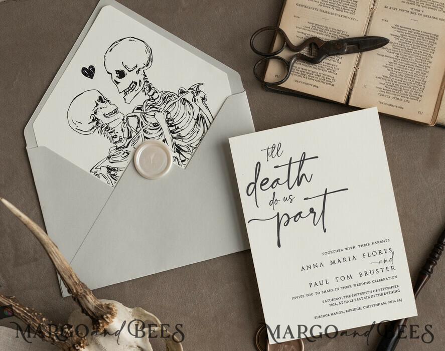 WEDDING INVITATIONS Modern Invites Floral Cards Halloween Wedding Invitations Suite, Black Invitations, Tarot Cards Invites, Gothic Wedding Invitation Cards, The Lovers Skeleton Wedding Set black