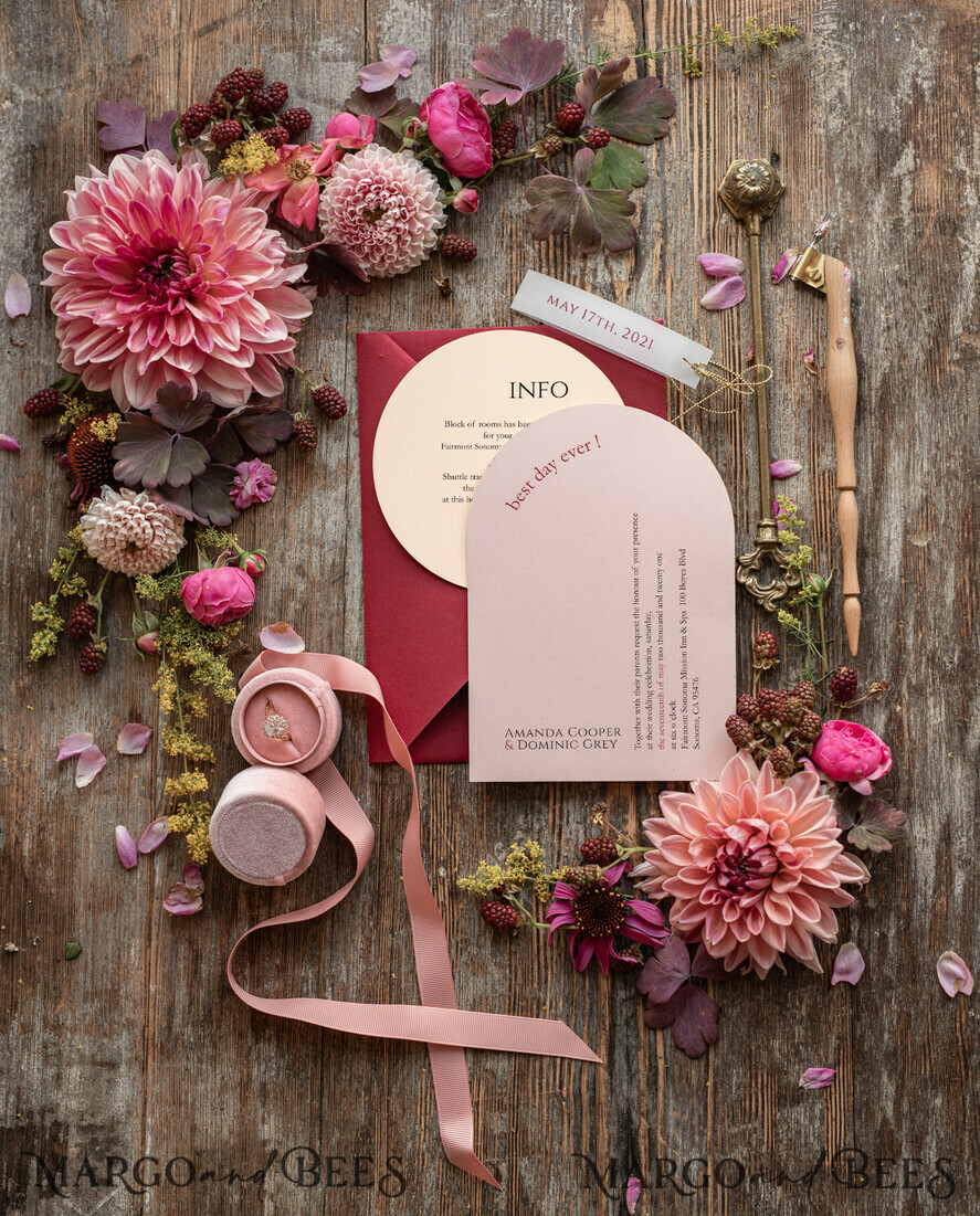 WEDDING INVITATIONS Modern Invites Floral Cards Geometric wedding invitations, geometric wedding cards, red wedding cards, marsala wedding invitations, red wedding invitations, ivory wedding invitations, red and ivory wedding invitations, ivory wedding stationery, ivory wedding accessories, oval wedding invitations, circle wedding cards, circle cards, ecru wedding invitations, modern wedding invitations, floral wedding invitations, elegant wedding invitations, vellum, vellum envelope