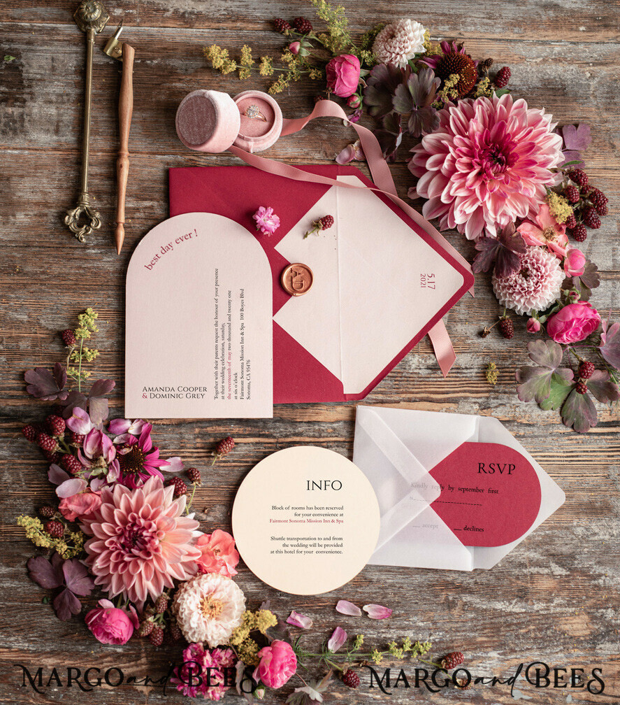 WEDDING INVITATIONS Modern Invites Floral Cards Geometric wedding invitations, geometric wedding cards, red wedding cards, marsala wedding invitations, red wedding invitations, ivory wedding invitations, red and ivory wedding invitations, ivory wedding stationery, ivory wedding accessories, oval wedding invitations, circle wedding cards, circle cards, ecru wedding invitations, modern wedding invitations, floral wedding invitations, elegant wedding invitations, vellum, vellum envelope