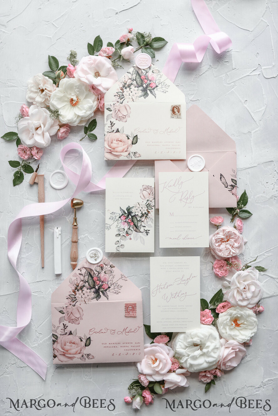 WEDDING INVITATIONS Modern Invites Floral Cards Blush pink wedding invitations, romantic wedding invitations, white wedding invitations, floral wedding invitations, rose wedding invitations, garden roses, garden roses wedding invitations, garden rose, rose wedding accessories, pink ribbon, pink bow, pink wedding invitations, floral cards, floral envelope, calligraphy, rose wedding cards, garden wedding, romantic wedding, elegant wedding invitations, blush pink wedding stationery
