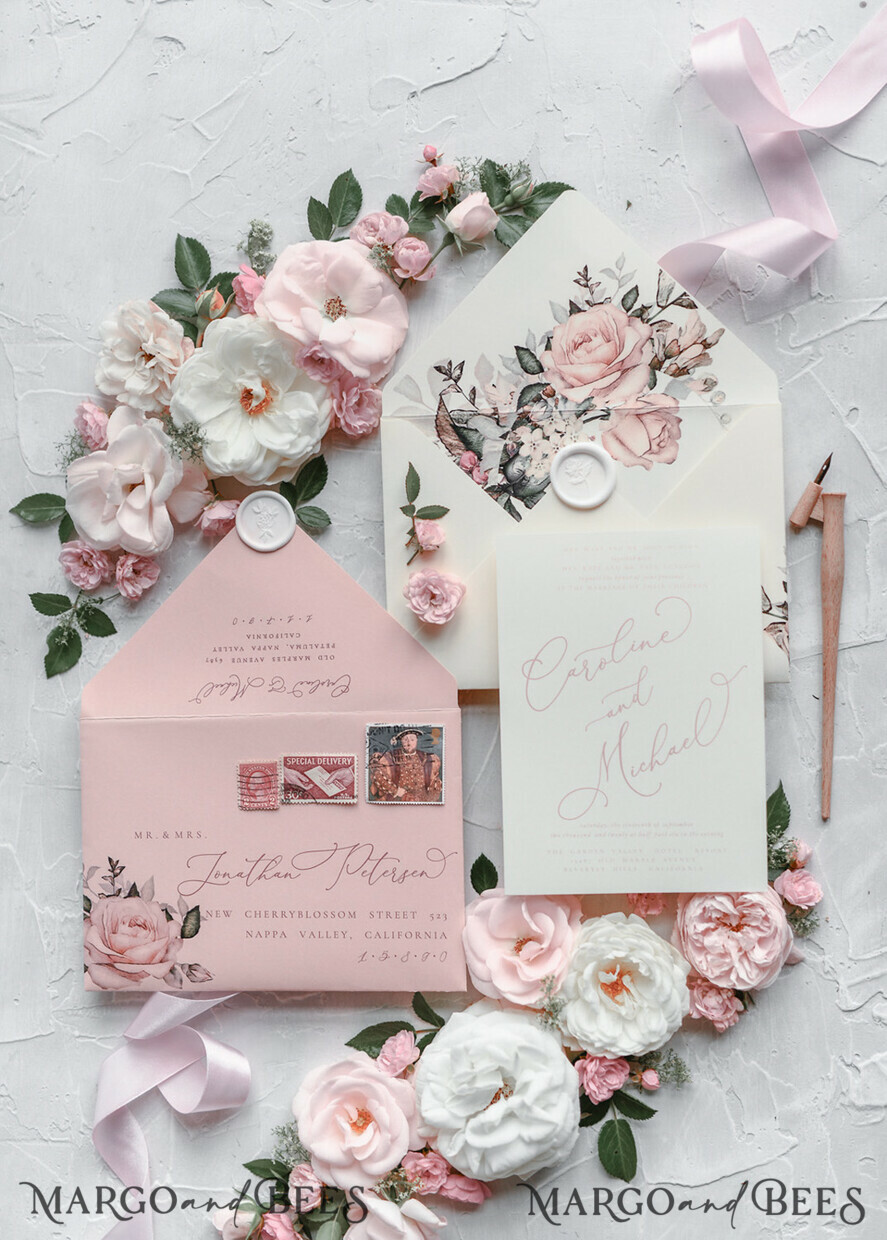 WEDDING INVITATIONS Modern Invites Floral Cards Blush pink wedding invitations, romantic wedding invitations, white wedding invitations, floral wedding invitations, rose wedding invitations, garden roses, garden roses wedding invitations, garden rose, rose wedding accessories, pink ribbon, pink bow, pink wedding invitations, floral cards, floral envelope, calligraphy, rose wedding cards, garden wedding, romantic wedding, elegant wedding invitations, blush pink wedding stationery