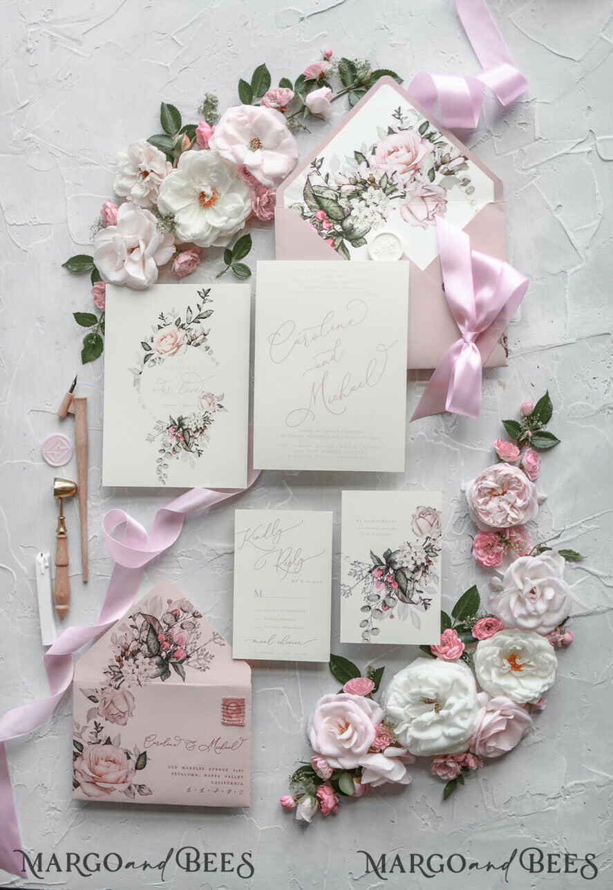 WEDDING INVITATIONS Modern Invites Floral Cards Blush pink wedding invitations, romantic wedding invitations, white wedding invitations, floral wedding invitations, rose wedding invitations, garden roses, garden roses wedding invitations, garden rose, rose wedding accessories, pink ribbon, pink bow, pink wedding invitations, floral cards, floral envelope, calligraphy, rose wedding cards, garden wedding, romantic wedding, elegant wedding invitations, blush pink wedding stationery