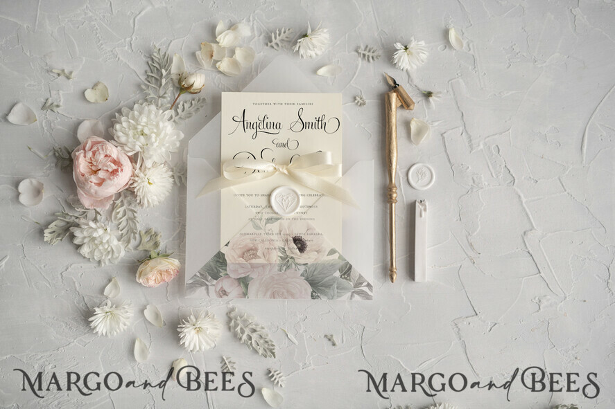 WEDDING INVITATIONS Modern Invites Floral Cards Natural Personalized Wedding invitations Boho Invites Ivory Ribbon with Vellum Envelope