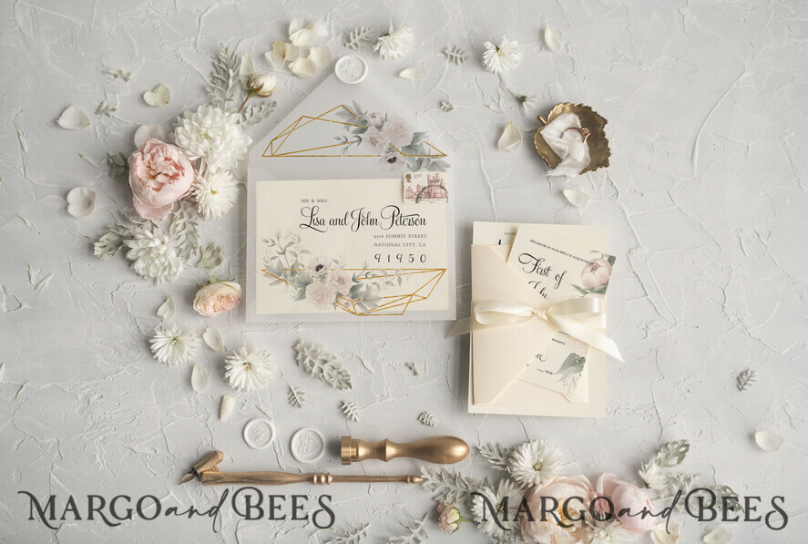WEDDING INVITATIONS Modern Invites Floral Cards Natural Personalized Wedding invitations Boho Invites Ivory Ribbon with Vellum Envelope