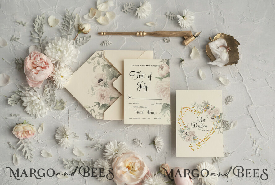 WEDDING INVITATIONS Modern Invites Floral Cards Natural Personalized Wedding invitations Boho Invites Ivory Ribbon with Vellum Envelope