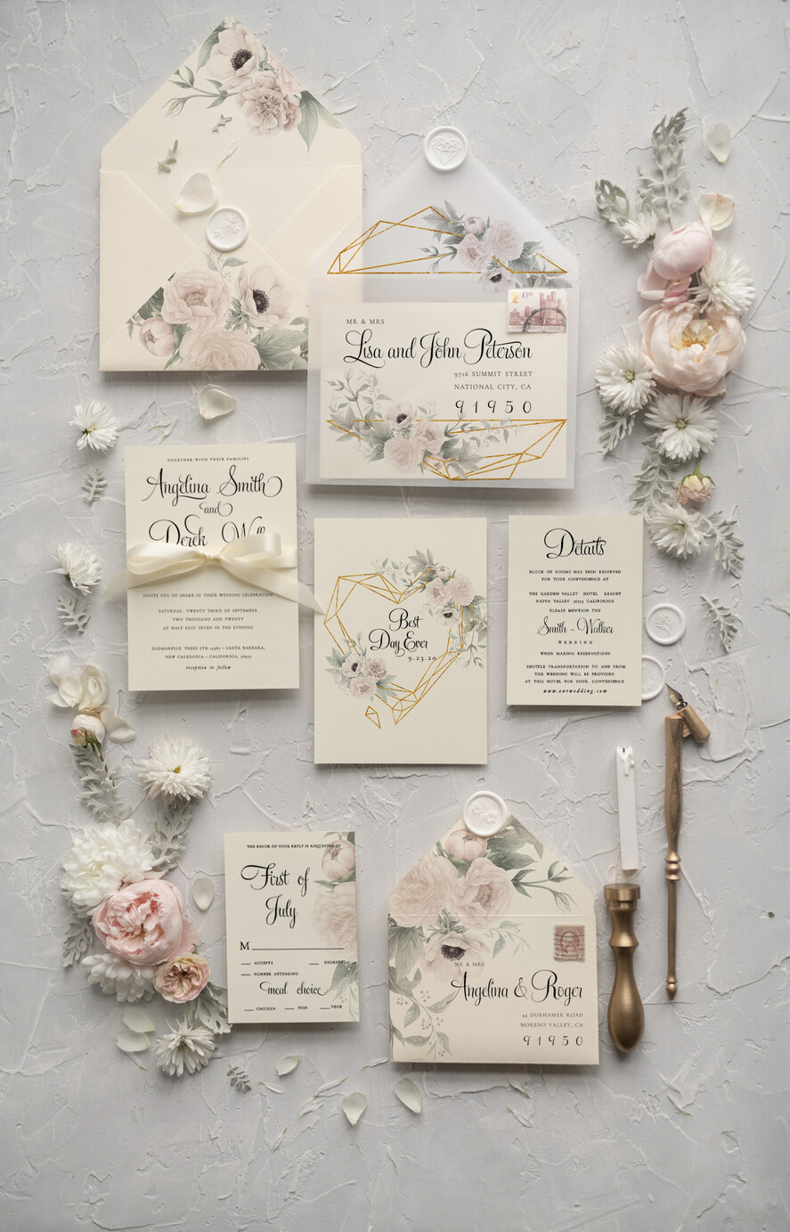 WEDDING INVITATIONS Modern Invites Floral Cards Natural Personalized Wedding invitations Boho Invites Ivory Ribbon with Vellum Envelope