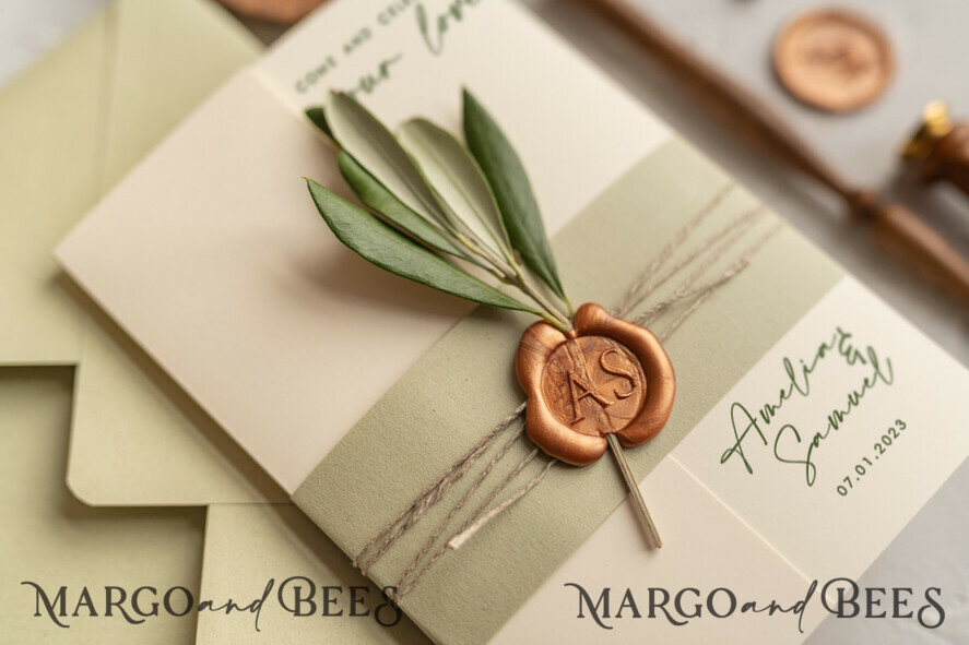 WEDDING INVITATIONS Modern Invites Floral Cards Natural Olives Wedding invitations, Elegant Simple wedding invitation Suite, Greek Wedding Stationery, Natural Olives Luxury wedding Invites wax copper