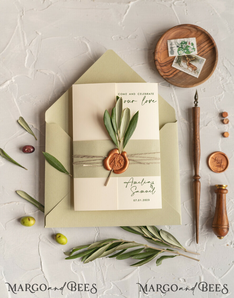 WEDDING INVITATIONS Modern Invites Floral Cards Natural Olives Wedding invitations, Elegant Simple wedding invitation Suite, Greek Wedding Stationery, Natural Olives Luxury wedding Invites wax copper
