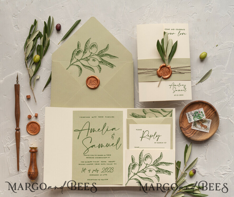 WEDDING INVITATIONS Modern Invites Floral Cards Natural Olives Wedding invitations, Elegant Simple wedding invitation Suite, Greek Wedding Stationery, Natural Olives Luxury wedding Invites wax copper