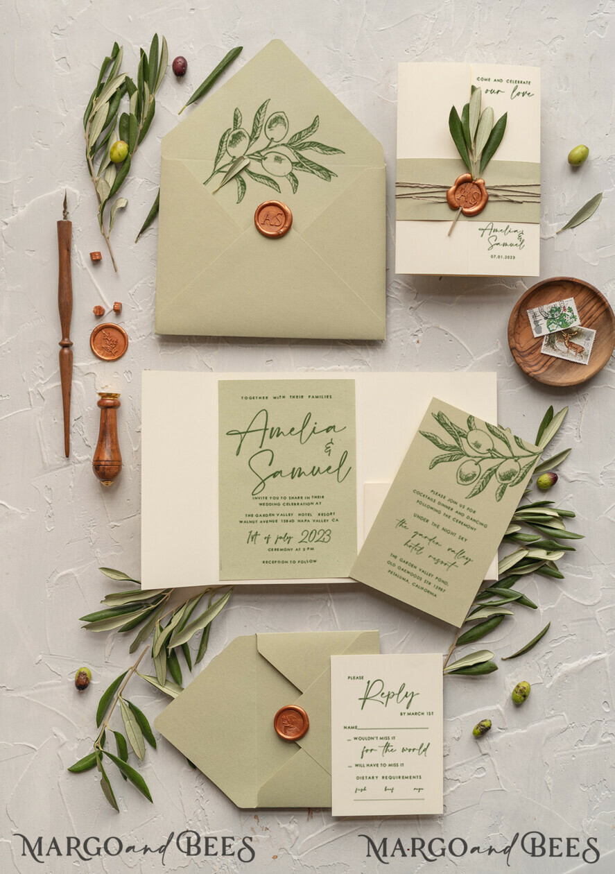 WEDDING INVITATIONS Modern Invites Floral Cards Natural Olives Wedding invitations, Elegant Simple wedding invitation Suite, Greek Wedding Stationery, Natural Olives Luxury wedding Invites wax copper