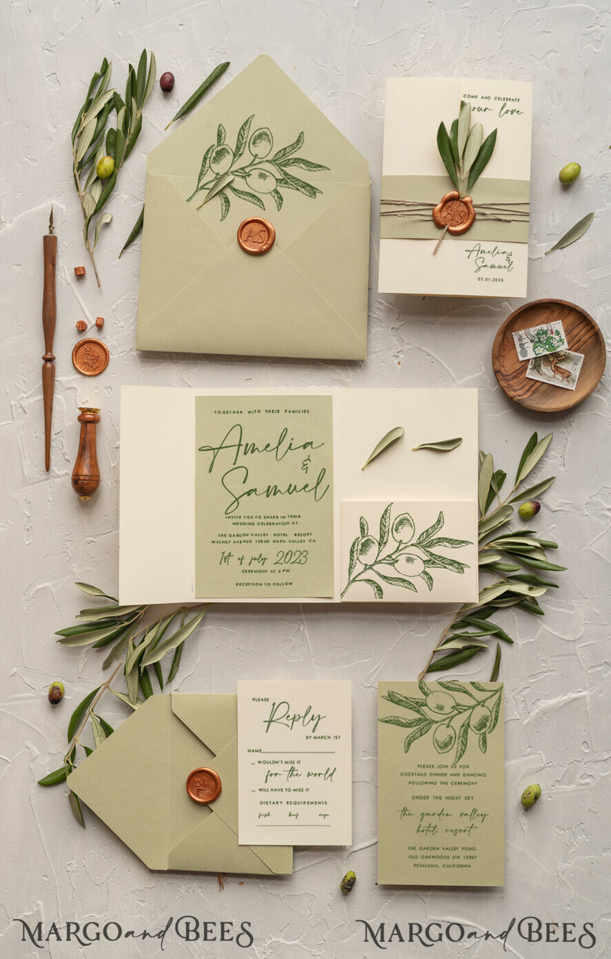WEDDING INVITATIONS Modern Invites Floral Cards Natural Olives Wedding invitations, Elegant Simple wedding invitation Suite, Greek Wedding Stationery, Natural Olives Luxury wedding Invites wax copper