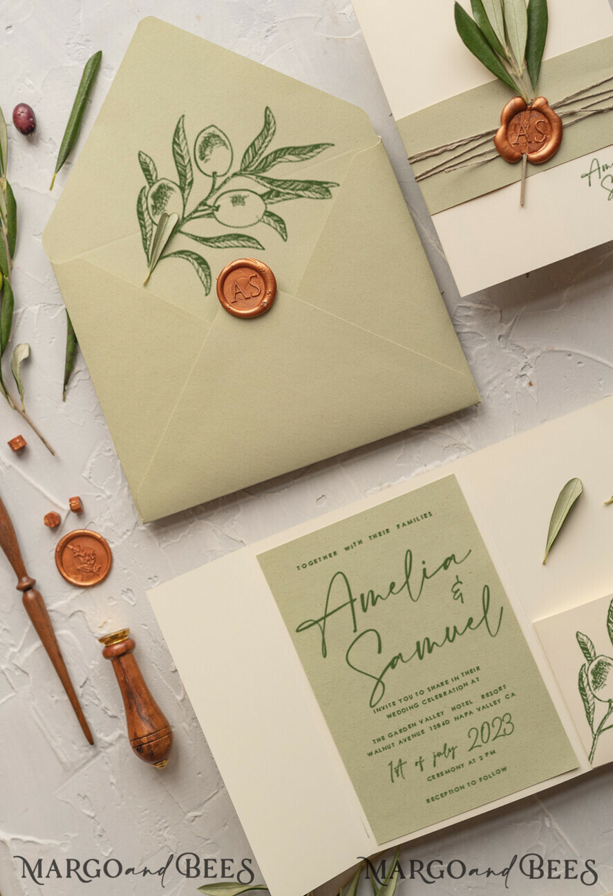 WEDDING INVITATIONS Modern Invites Floral Cards Natural Olives Wedding invitations, Elegant Simple wedding invitation Suite, Greek Wedding Stationery, Natural Olives Luxury wedding Invites wax copper