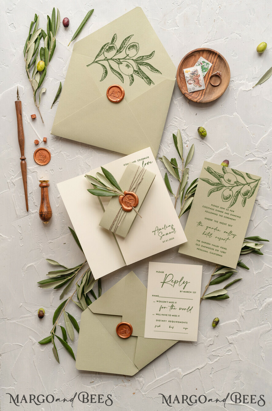 WEDDING INVITATIONS Modern Invites Floral Cards Natural Olives Wedding invitations, Elegant Simple wedding invitation Suite, Greek Wedding Stationery, Natural Olives Luxury wedding Invites wax copper